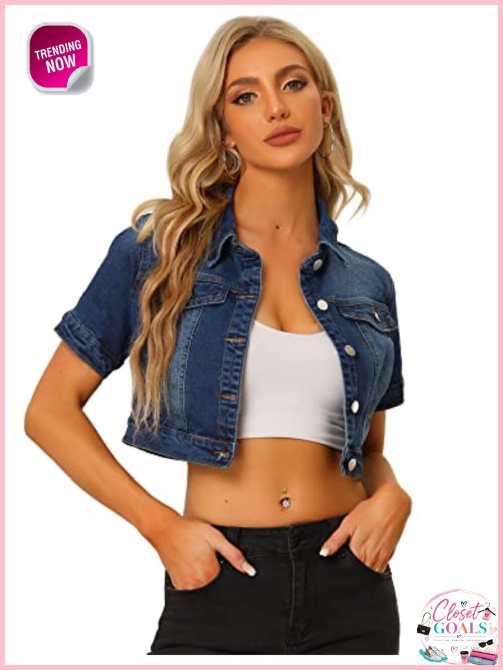 Womens Cropped Denim Jacket Short Sleeve Button Down Cotton Blend Jean
